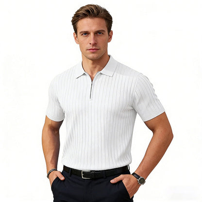 Men's Zipper Short Sleeve Ribbed Knit Polo T Shirts Golf Shirts